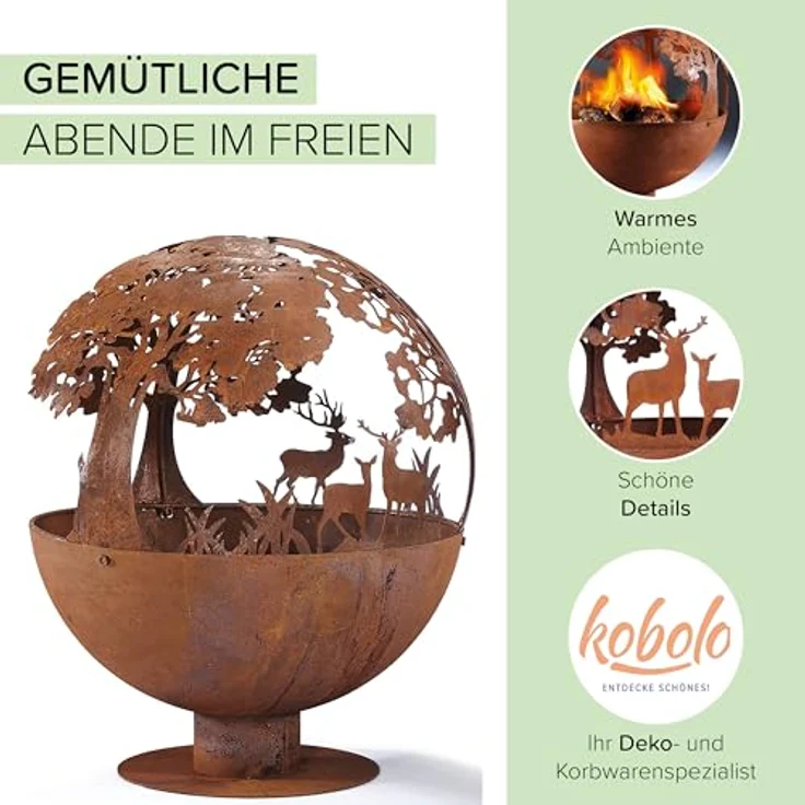 Kobolo Feuerschale Feuerkorb Forest Kugelform rund mit Motiv - Metall Rostoptik, rustikales Design mit Baum- und Hirschmotiv – Bild 2