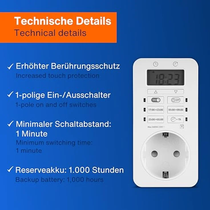 REV Zeitschaltuhr Easy+, digitale Zeitschaltuhr mit LCD-Display, weiß, mit integriertem Akku und erhöhtem Berührungsschutz – Bild 5