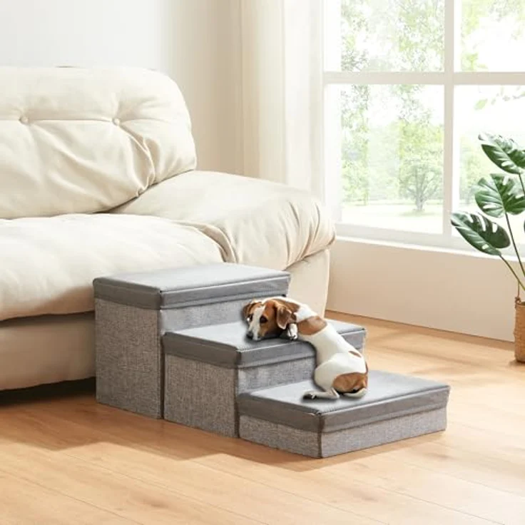 [en.casa] Hundetreppe Vojens Hunderampe für kleine Hunde 3-stufig Haustierleiter klappbar Grau 30 cm hoch 75 x 40 x 30 cm – Bild 2