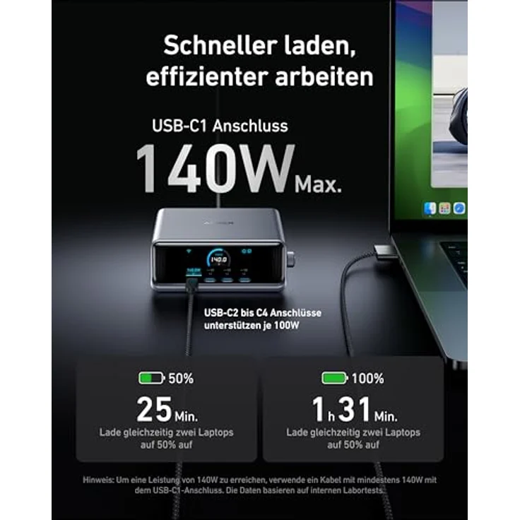 Anker Prime 250W USB-C Ladegerät, Ultra-schnelle 6-Port GaN Ladestation, 2,26" LCD-Display und Smart Control Regler – Bild 3