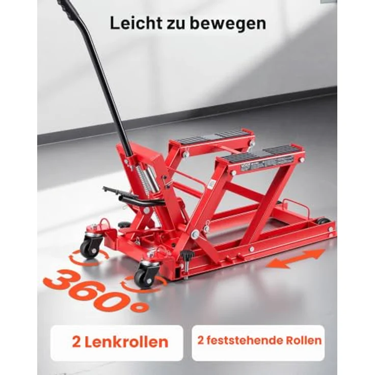 VEVOR Motorradhebebühne, Hydraulisch bis 680 kg, Höhenverstellbar 115–385 mm, mit 4 Rädern und Fußbedienung, Rot – Bild 6