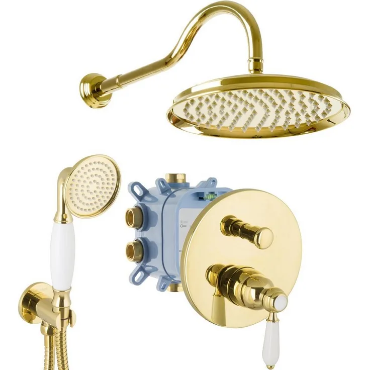 PaulGurkes Duscharmatur PGSETDU1-ZR, Unterputz Mischbatterie mit goldener Hochglanz Oberfläche, für 2 Verbraucher geeignet, inklusive Kopf- und Handbrause
