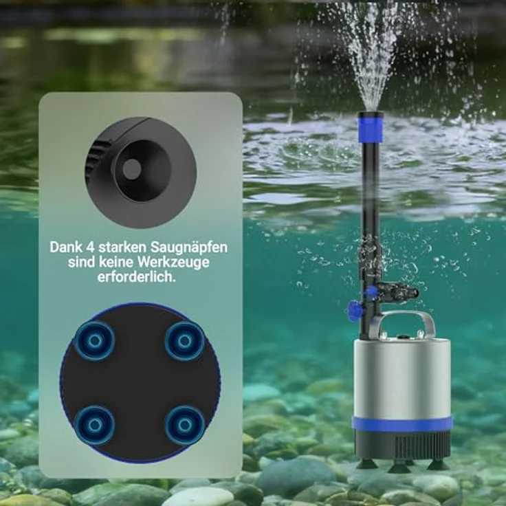 Wiltec Edelstahl Springbrunnenpumpe 50 W 1750 l/h, max. Fontänenhöhe 1,6 m, inkl. 3 Aufsätze, Aquariumpumpe in Edelstahl – Bild 8