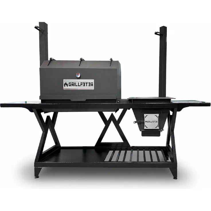 Grillpeter Außenküche Beta, Holzkohlegrill mit Mangal und Räucherofen aus Stahl, modulare Bauweise mit mobilem Holzbrenner, großzügige Arbeitsfläche