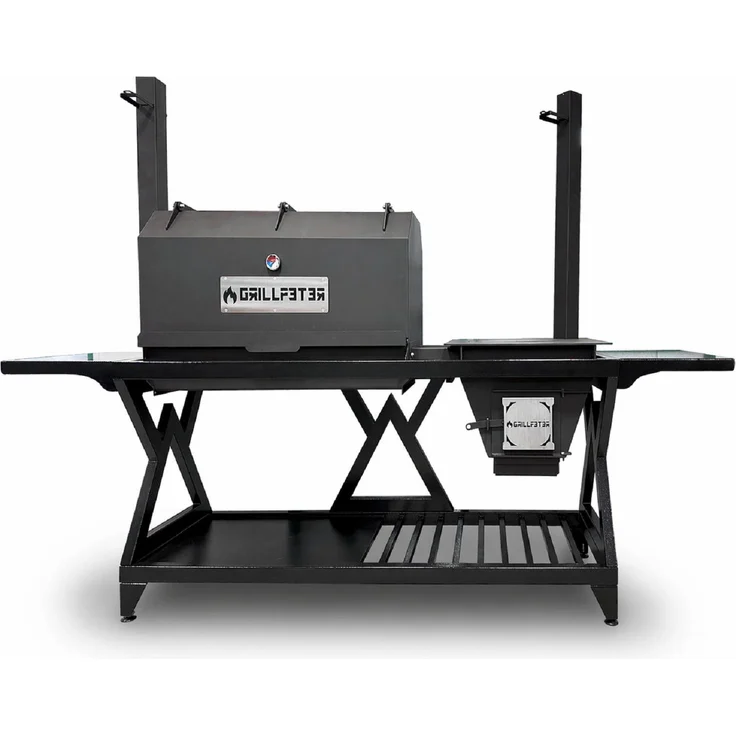 Grillpeter Außenküche Beta, Holzkohlegrill mit Mangal und Räucherofen aus Stahl, modulare Bauweise mit mobilem Holzbrenner, großzügige Arbeitsfläche