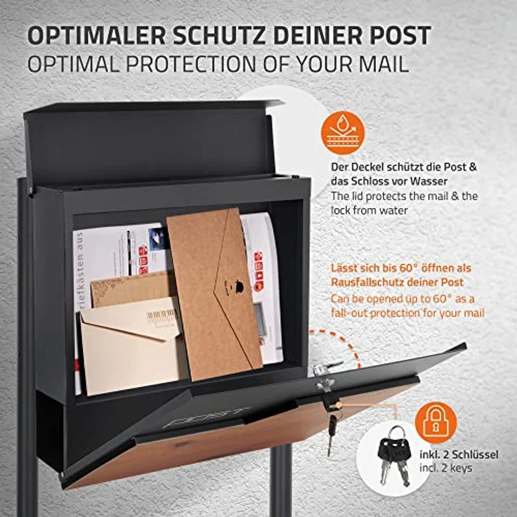 ECD Germany Standbriefkasten mit Zeitungsfach, Design Briefkasten mit Pfosten, Briefkastenanlage, Briefkastenständer Anthrazit Edelstahl pulverbeschichtet, Postkasten Anthrazit-Holzoptik Edelstahl – Bild 3