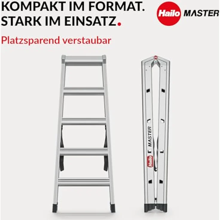 Hailo Master D100 Aluminium Doppelstufenleiter, beidseitig begehbar mit rutschhemmenden Stufen, große Abstellfläche, 2 x 5 Stufen, EN 131 geprüft, belastbar bis 150 kg – Bild 5
