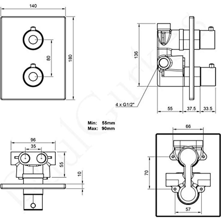 PaulGurkes Thermostat Brausebatterie Unterputz Armatur eckig Duscharmatur aus massivem Messing mit 2-Wege Umsteller – Bild 2