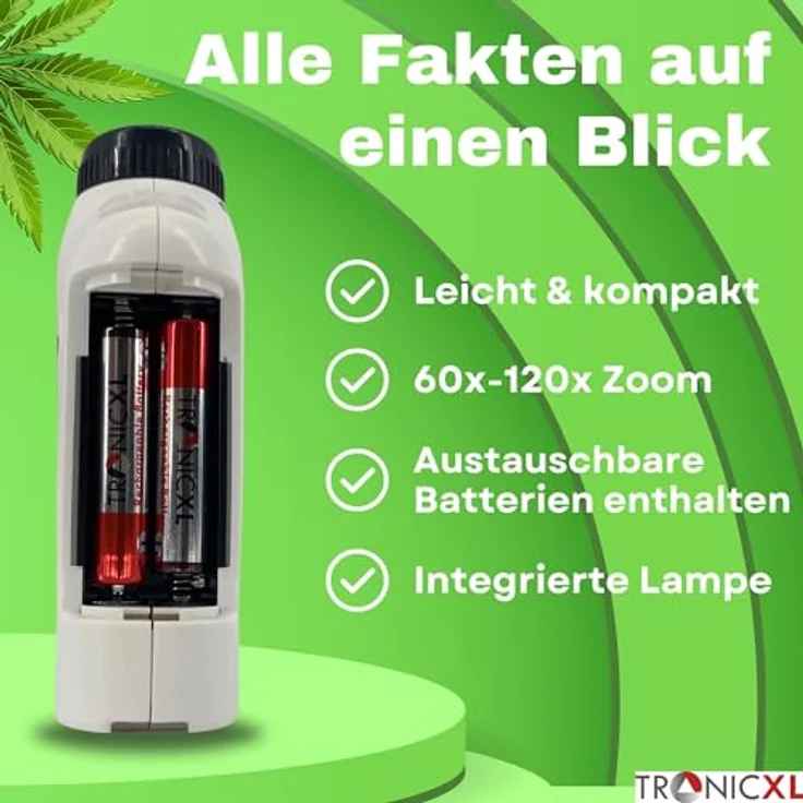 TronicXL Gartenschere Grow Ernte Set Mikroskop mit LED Ernteschere Akkus | 60-120x Vergrößerung, kompaktes Design, LED, wiederverwendbar | Grün – Bild 5