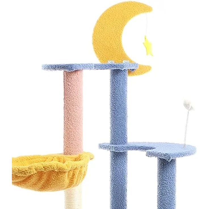 Fudajo Kratzbaum mit Mond und Sterne 132 cm hoch, Katzenkratzbaum in Blau/Gelb, Katzenbaum mit Katzenhaus und Liegemulde, Katzenmöbel mit Spielbälle – Bild 3