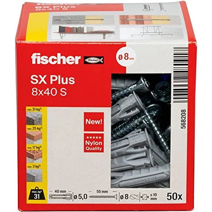 fischer Spreizdübel SX Plus 8 x 40 S, Schachtel mit 50 Nylondübeln und passenden Schrauben, Dübel für optimalen Halt bei Befestigungen in Beton, Vollziegel, Porenbeton, Hochlochziegel uvm. – Bild 2