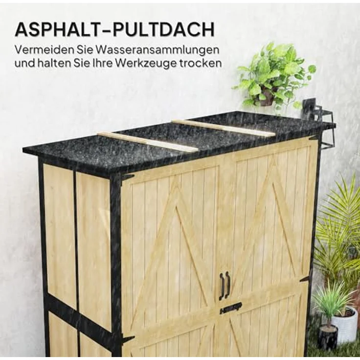 Outsunny Gartenschrank, Geräteschuppen aus Holz mit 2 Türen, wetterfest und abschließbar, Regale und Asphalt-Pultdach, 140 x 74 x 173 cm, Naturholz – Bild 4