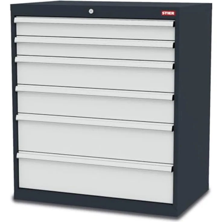 STIER Schubladenschrank 6 Schubladen, verzinkte Schubladen mit 100% Kugelführung, BxTxH 900x575x1020 mm, RAL 7016/RAL 7035, Tragkraft 80 kg