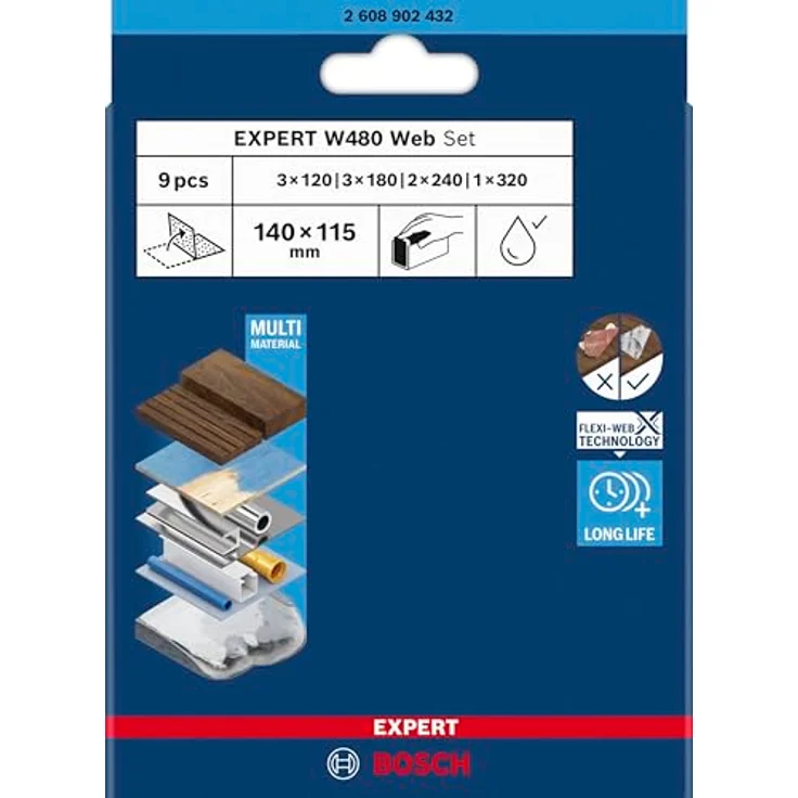 Bosch 9x EXPERT W480 Web 1/4 Handschleifblatt-Set für Hartholz, Farbe auf Holz, Ø 115x140 mm, Körnung 3x120, 3x180, 2x240, 1 x 320, Professional Zubehör Handschleifen – Bild 2