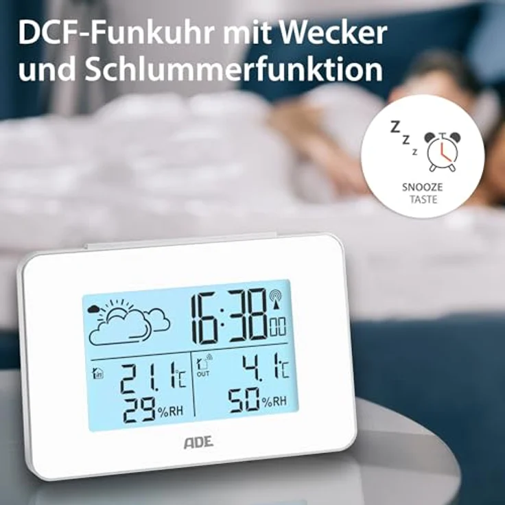 ADE WS2136 Digitale Wetterstation Funk mit Außensensor | Innen und Außentemperatur | Luftfeuchtigkeitsmesser | animierte Wettervorhersage | Funkwecker mit Schlummerfunktion | weiß – Bild 4