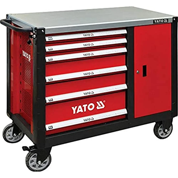 YATO YT-09002 Werkzeugwagen aus Stahl, rot, 7 Fächer, Tragfähigkeit 600 kg, mit Handgriff und Schloss – Bild 2