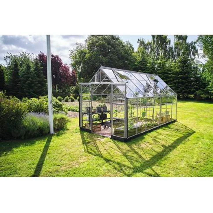 Halls Icon 8 Gewächshaus 11,2 m² aus Blankglas mit Aluminiumgestell, vier Dachfenstern und Doppelschiebetüren