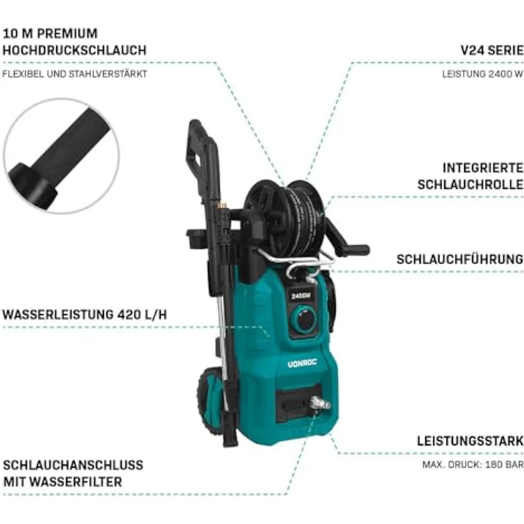 VONROC PW512AC Hochdruckreiniger 2400W, max. Druck 180 bar, Fördermenge 420 l/h, 8-teiliges Set, Schlauchtrommel, Aluminium Pumpe, V24 Serie – Bild 2