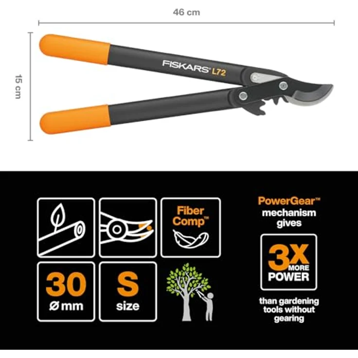 Fiskars PowerGear II Bypass-Getriebeastschere für frisches Holz, Antihaftbeschichtet, Gehärteter Präzisionsstahl, Länge 46 cm, Schwarz-Orange, L72, 1001555 – Bild 3