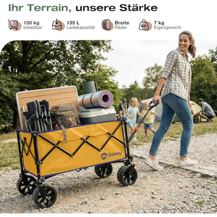 Sekey XXL Bollerwagen, Faltbar, 135L Volumen, 150kg belastbar, All-Terrain Räder mit Bremse, Patentierter 4-Wege-Sofortaufbau, Gelb – Bild 2