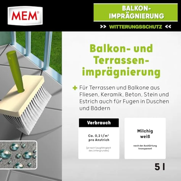 MEM Balkon-Imprägnierung, transparente lösemittelfreie Abdichtung für saugende Untergründe, wasserabperleffekt, 5 l, milchig-weiß – Bild 2