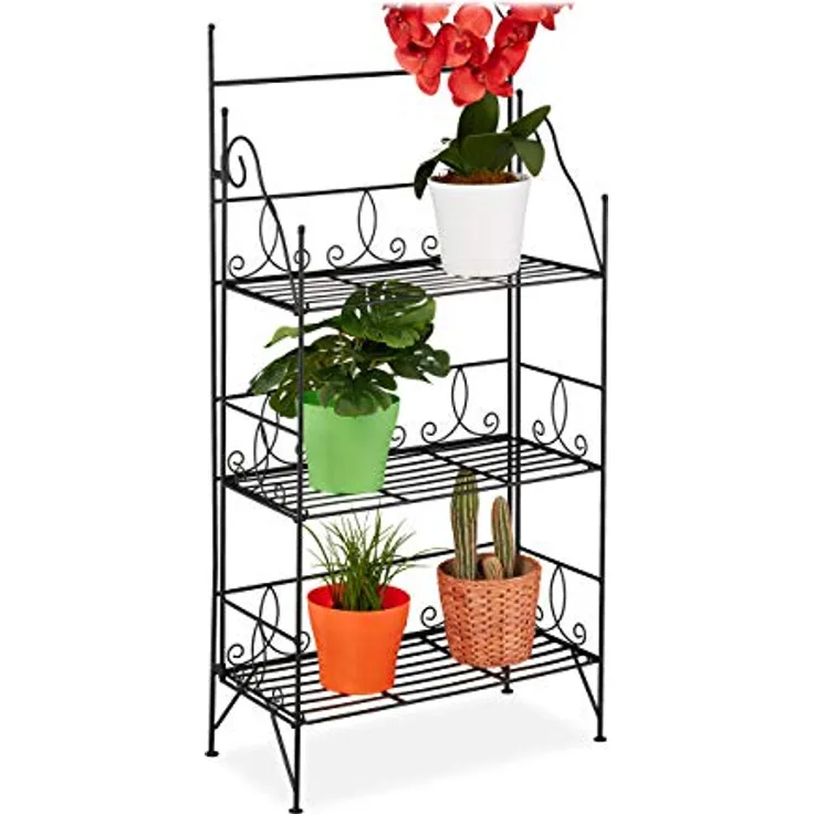 Relaxdays Blumenregal, 3 Ebenen, klappbar, Indoor & Outdoor, Metall, Vintage Pflanzenregal, HBT 100x50x25 cm, schwarz, 1 Stück