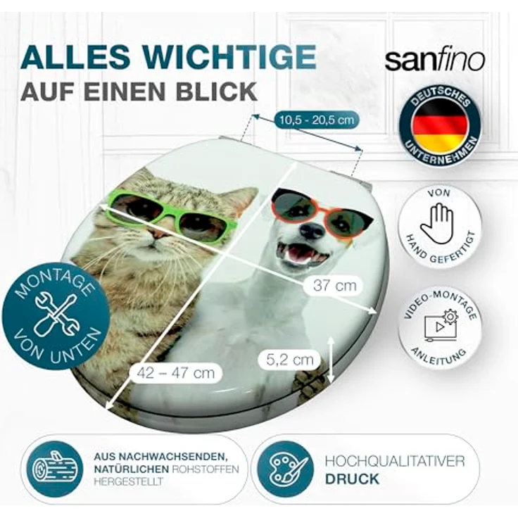 Sanfino WC Sitz Cat & Dog, Toilettendeckel mit Absenkautomatik aus Holz, weiß mit buntem Motiv, verchromte Metallscharniere – Bild 7