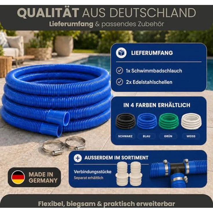 HAF Poolschlauch Ø 32mm, 1 Meter weißer Schwimmbadschlauch mit Trennmuffen, inkl. 2 Edelstahl-Schlauchschellen (25-40mm) - Made in Germany – Bild 7