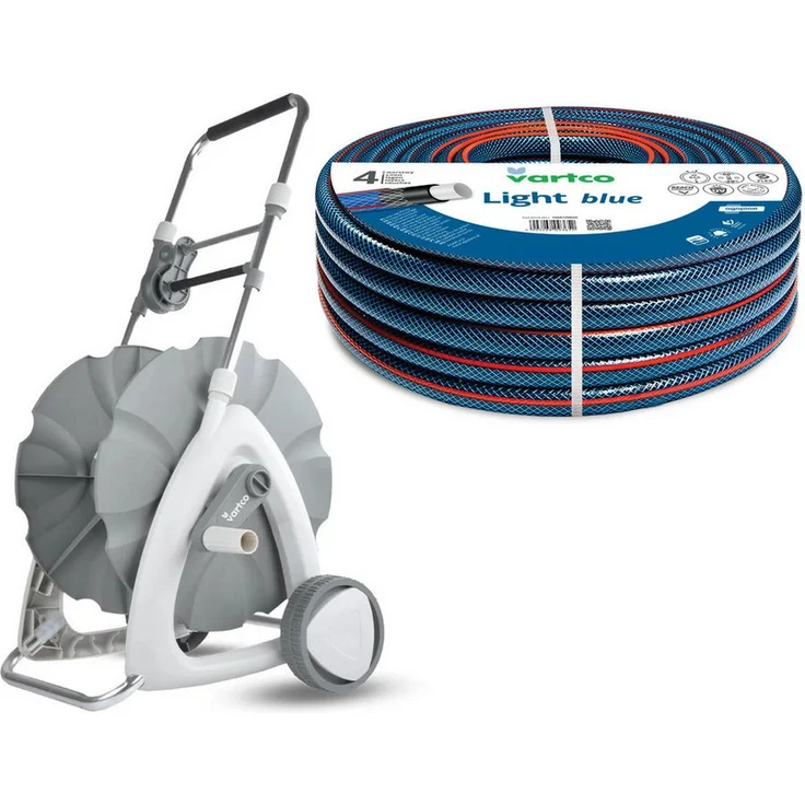Vartco Schlauchwagen Gartenschlauch-Set Light Blue 1/2'' 30 m, UV-beständig und algenbeständig, stabiler Stahlrahmen mit höhenverstellbarem Griff