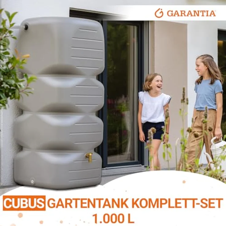 GARANTIA Regentonne CUBUS Komplett-Set 1000 L, betongrau, mit Auslaufhahn und Fallrohrfilter, witterungsbeständig und langlebig – Bild 2