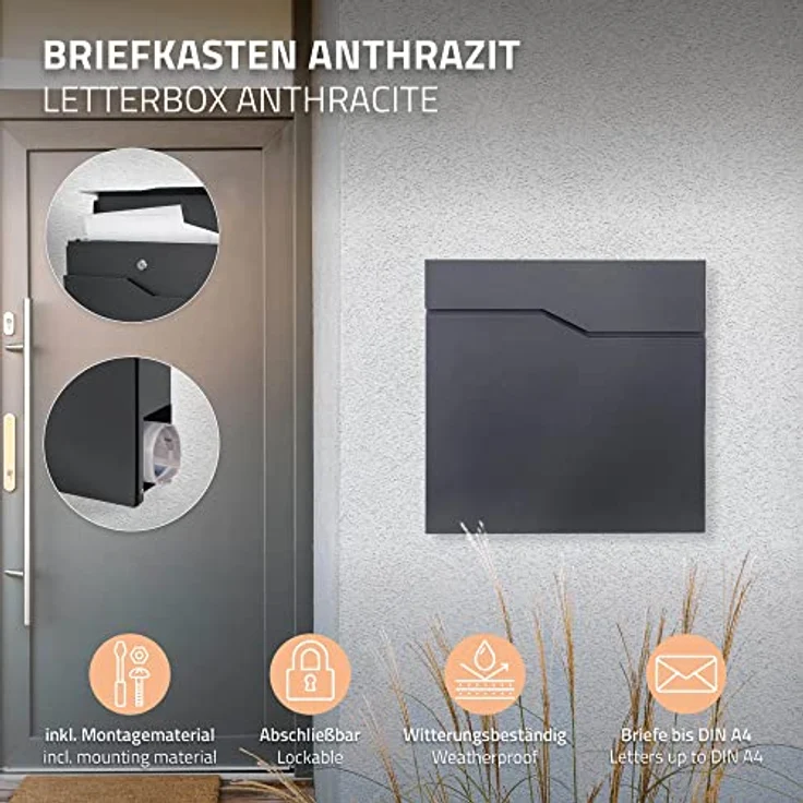 ML-Design Briefkasten Anthrazit Edelstahl pulverbeschichtet, 37x37 cm, Postkasten mit Zeitungsfach, Abschließbar 2 Schlüssel, Moderner Design Wandbriefkasten mit Zeitungsrolle, Mailbox für Wandmontage – Bild 2