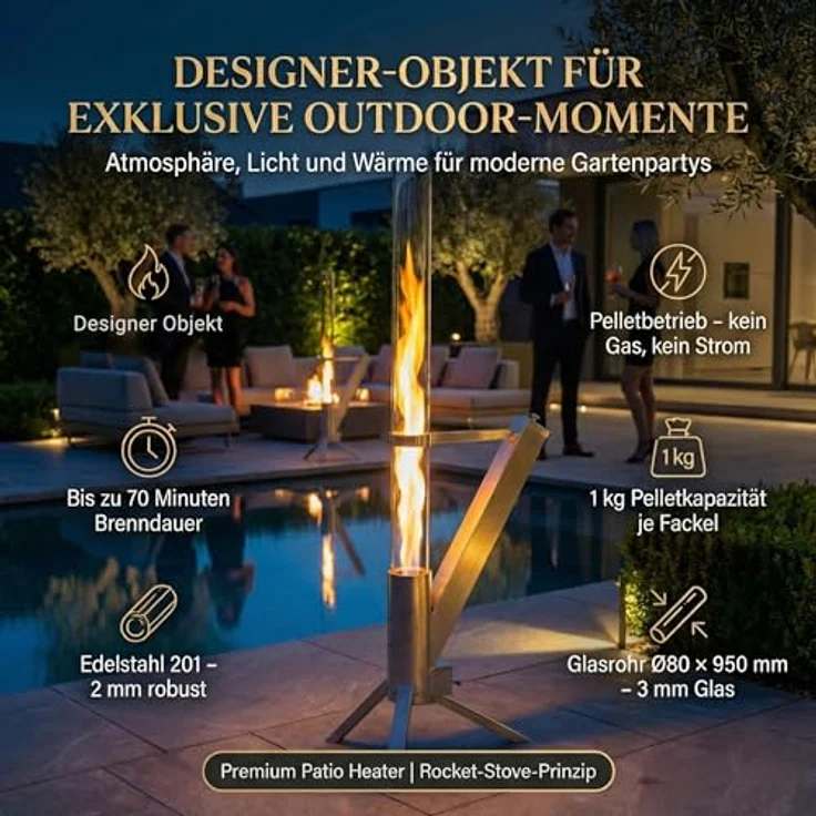 Albatros International Gartenkamin Pelletfackel Edelstahl mit Glasrohr, Rocket Stove System, effiziente Verbrennung bis 70 Minuten, inkl. Standfuß – Bild 5