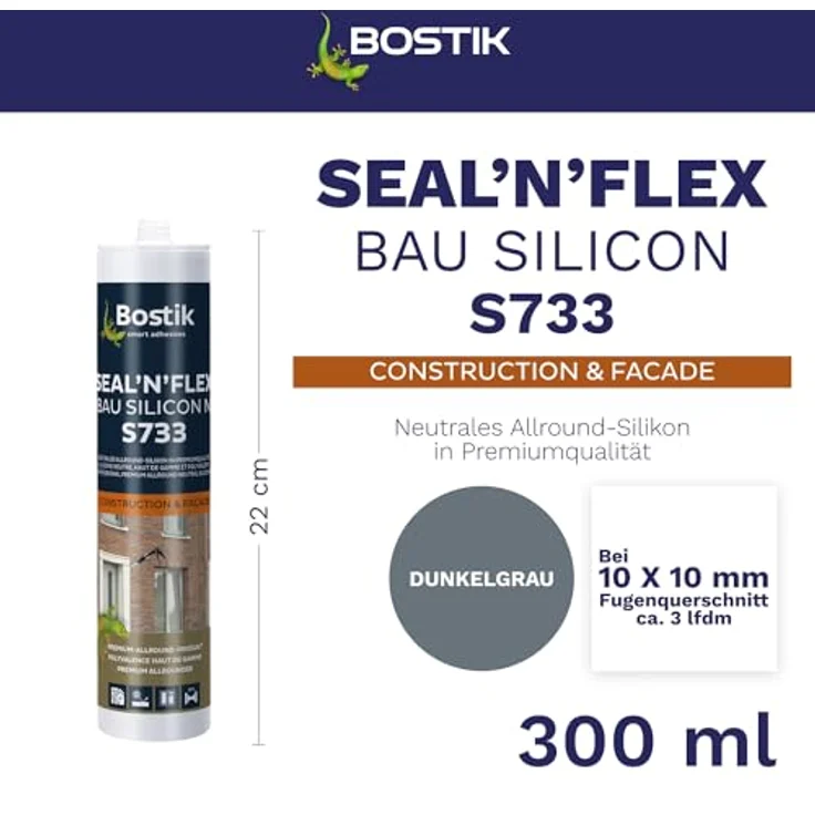 BOSTIK S733 Seal´n´Flex Bau Silikon, Hochleistungs-Dichtungssilikon für Innen- und Außenanwendungen, Dunkelgrau, 300ml – Bild 2