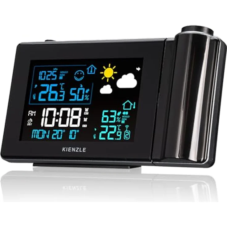Kienzle Funk-Wetterstation mit Projektion, schwarz, Temperatur- und Luftfeuchtigkeitsmessung, Eiswarnung, Raumklima-Komfortindikator, 2 Weckzeiten mit Snooze-Funktion – Bild 5