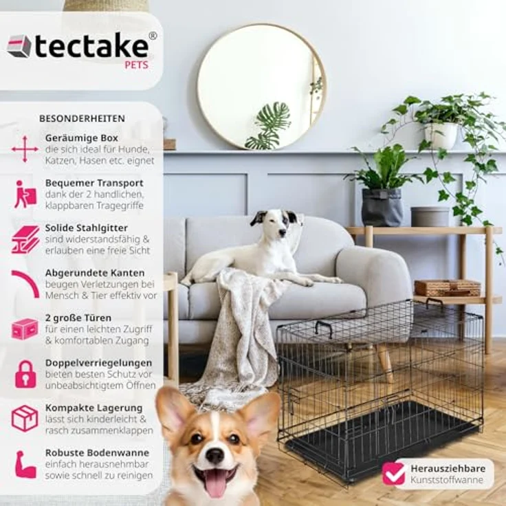 tectake® Hundekäfig, Hundegitter Box, Dog Kennel, Hundebox faltbar, Transportbox stabil, für Hunde und Welpen, 78 x 48 x 52,5 cm - Stahl, für Auto, Camping und Zuhause – Bild 2