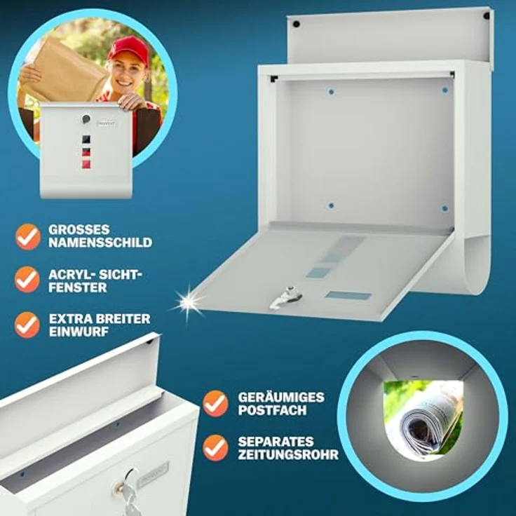 Monzana Design Briefkasten Stahl mit Zeitungsfach Sichtfenster 2 Schlüssel Namensschild Wandbriefkasten weiß – Bild 6