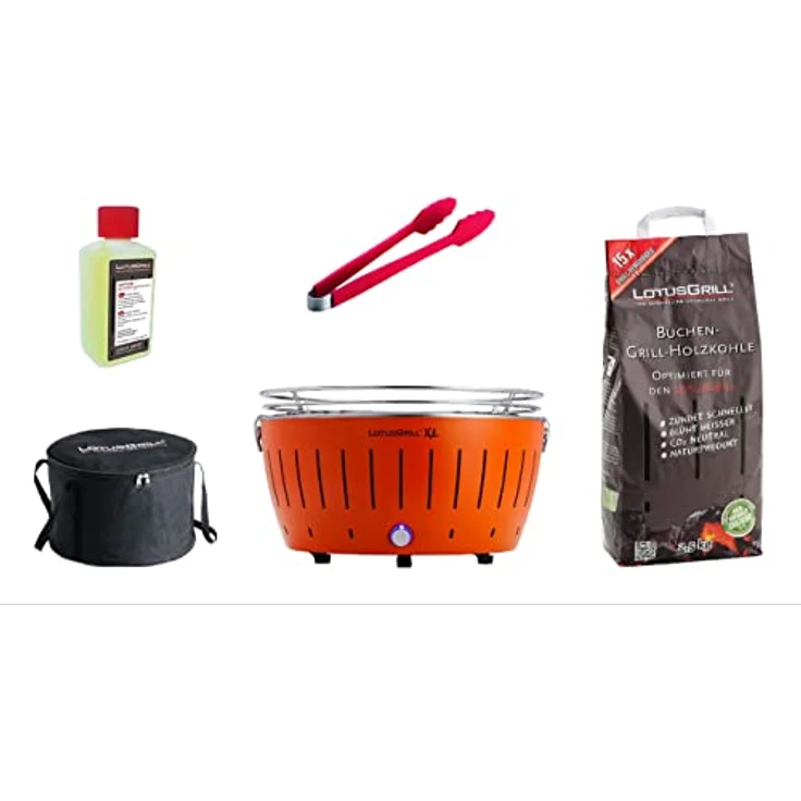 LotusGrill XL Starter-Set 1x XL Grill Mandarinenorange mit USB-Anschluß, 1x Buchenholzkohle 2,5 kg, 1x Brennpaste 200ml, 1x Würstchenzange, 1x Transport-Tragetasche XL - Der raucharme Holzkohlegrill – Bild 1