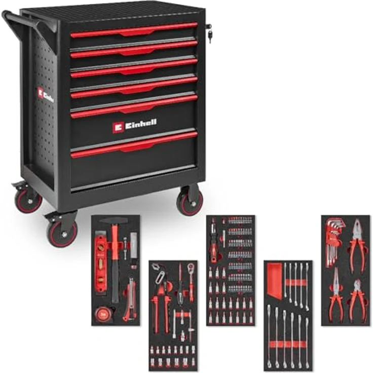 Einhell Werkstattwagen 149-tlg., inkl. 70 Bits, 11 Ringgabelschlüssel und Zangen, kugelgelagerte Schubladen, abschließbar, mobil – Bild 1