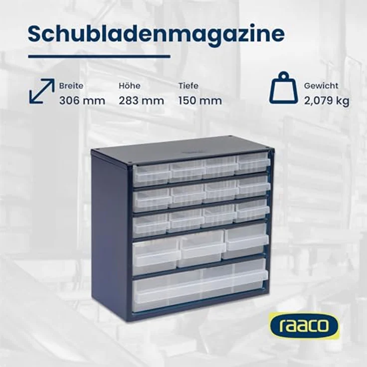 Raaco Werkstattschrank Stahlmagazin 616-123, 16 stabile Schubladen, aus Stahl und Polypropylen, kompakte Größe 30.60 cm x 28.30 cm – Bild 5