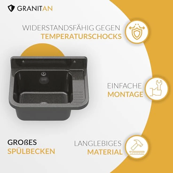 Granitan Kunststoffspüle Ausgussbecken aus Polypropylen - Waschtrog mit Siphon 50x34x31 cm, Waschbecken Set, Garagenspüle mit FLEX-Spülbeckenarmatur – Bild 2