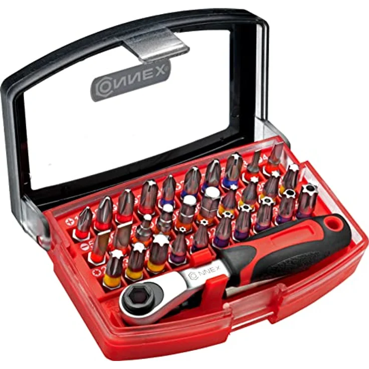 Connex Bit-Set 32-teilig mit Bithalter Ratsche, PH PZ Schlitz Sechskant TX TR, Profiqualität S2 mit Aufbewahrungsbox – Bild 1