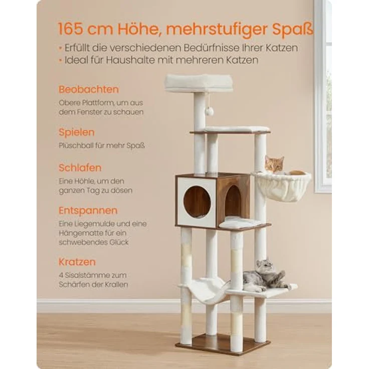 Feandrea PCT118K03, großer Kratzbaum 165 cm hoch, mehrstöckig mit Höhle, Hängematte, Liegemulde, Plüschball und Kratzstämmen, honigbraun – Bild 3