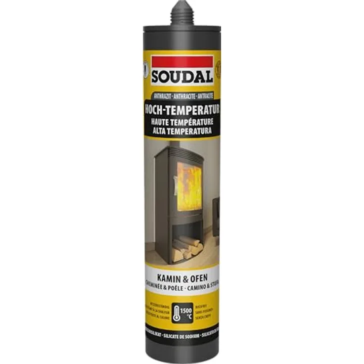 Soudal Kamin- und Ofenrohr Dichtmasse, hitzebeständig bis 1500°C, 300ml schwarz für Mauerwerk, Beton und Metalle