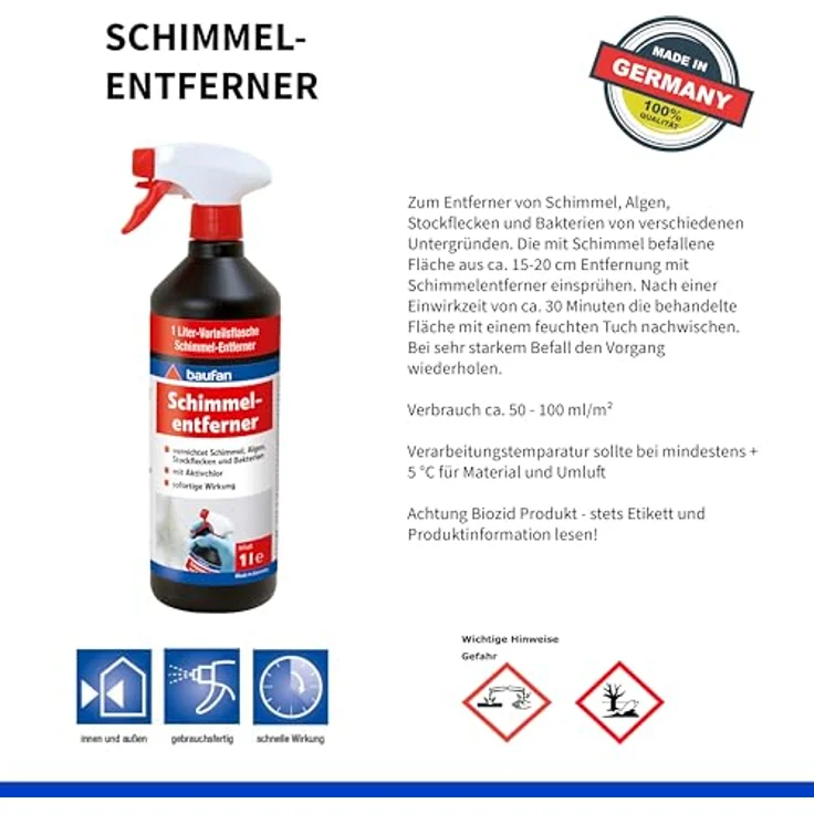baufan® Schimmelentferner chlorhaltig, Hochwirksames Reinigungsmittel für Silikon- & Fliesenfugen, schnelle Wirkung – Bild 2