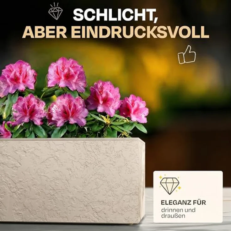 Ondis24 Pflanzkübel Vulkano, 2er Set mit 50L Volumen, rechteckig, mit Wasserspeicher, witterungsbeständig, für Balkon und Terrasse, Leinenstruktur – Bild 3