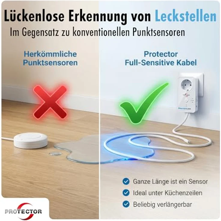 PROTECTOR WA-6 Wassermelder Full-Sensitive Detektorkabel, 2m, Alarmfunktion + Pumpensteuerung, 85dB, ideal für Keller und Waschmaschinen – Bild 2