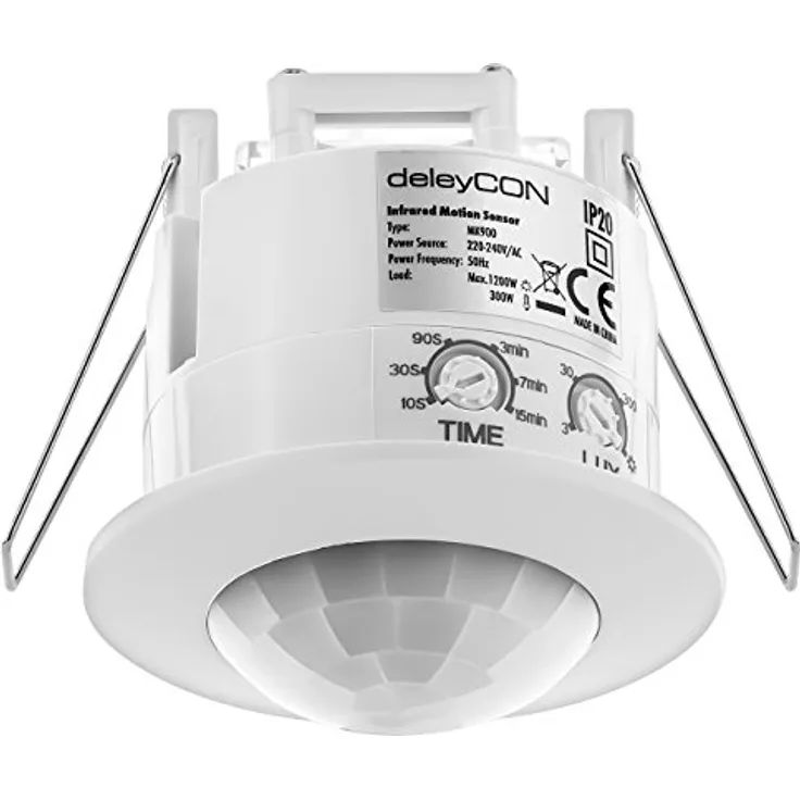deleyCON Infrarot Bewegungsmelder Unterputz Deckenmontage Weiß 360° Arbeitsfeld 6m Reichweite integr. Lichtsensor
