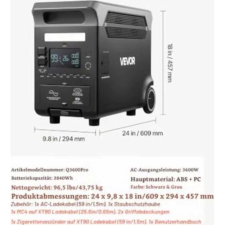 VEVOR tragbare Powerstation Q3600Pro, 3600 W, 3840 Wh, Solargenerator mit 10 Ausgangsanschlüssen, LiFePO4-Batterie-Backup, Schwarz & Grau – Bild 7