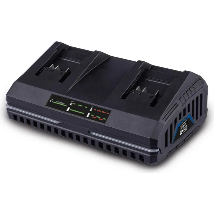 Scheppach Doppelladegerät SDBC2.4A | 2,4 A für Li-Ionen-Akkus | 230 – 240 V | 130 W | für Scheppach IXES 20-Volt-Serie
