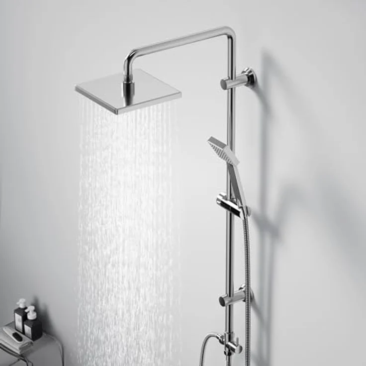 JOHO Edelstahl Duschsystem, Regendusche Duschset 20x20 cm aus ABS, wassersparend, Chrom, inkl. 3 Wege Umsteller, drehbare Duschstange, flexibler Handbrauseschlauch – Bild 2